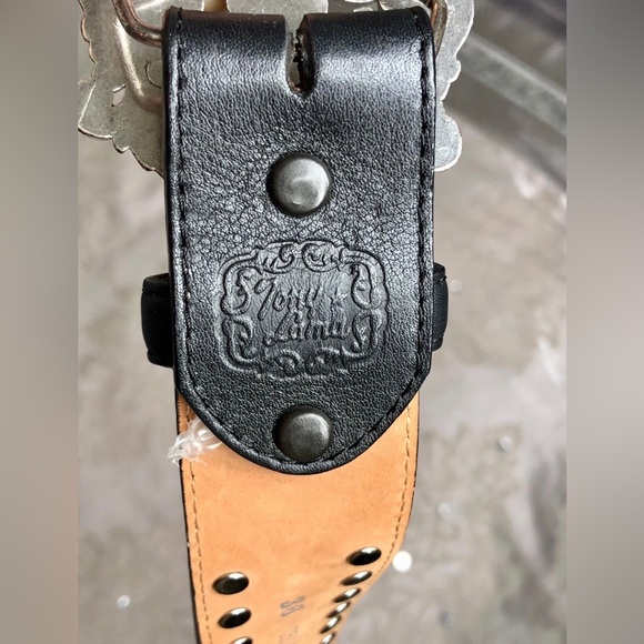 Tony Lama Black Blingy Leather Western Belt with Silver Chrome Ornate Buckle - Picture 5 of 9